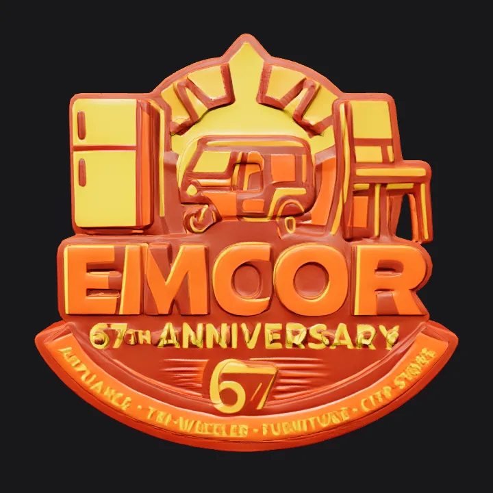 EMCOR 67th Anniversary logo with vehicles. sharp edges, simple geometry.