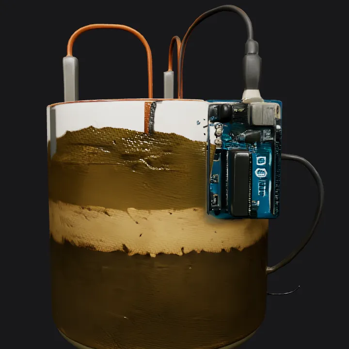 Arduino-based soil moisture monitoring setup in glass. simple geometry, sharp edges.