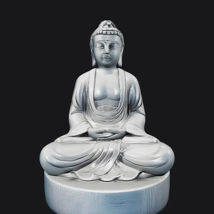 Seated Buddha statue on pedestal. smooth edges, complex geometry, character, symmetric geometry.