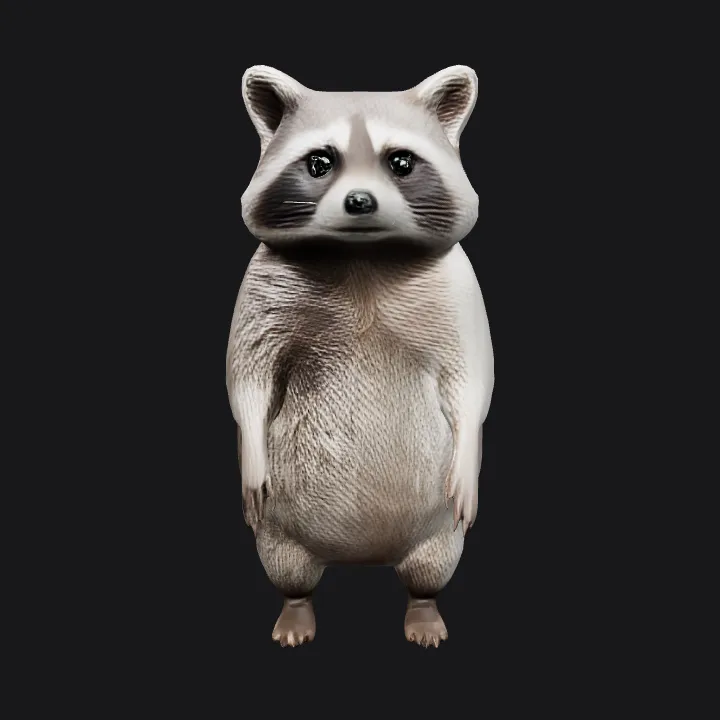 A standing raccoon. smooth edges, complex geometry, game-ready, character, symmetric geometry.