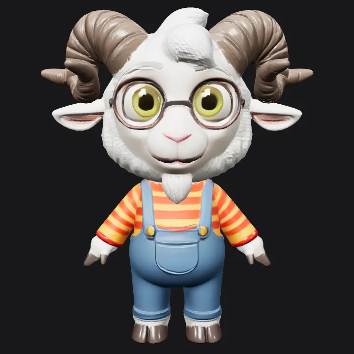Cartoon goat character in overalls. smooth edges, complex geometry, game-ready, character, symmetric geometry.