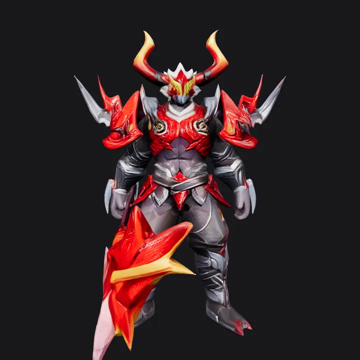 Armored warrior with horns and sword. sharp edges, complex geometry, game-ready, character.