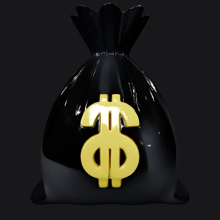 Black money bag with gold dollar sign. smooth edges, simple geometry, symmetric geometry.