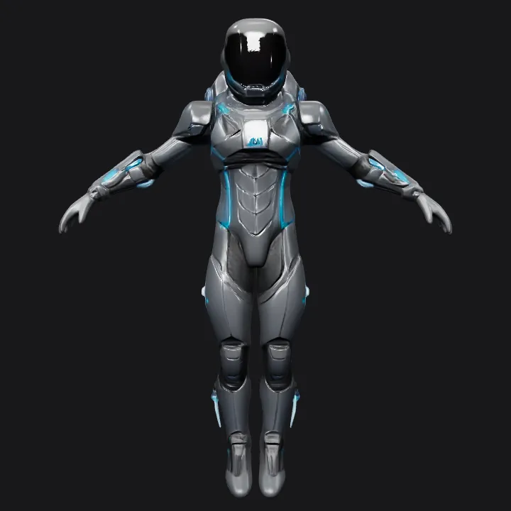 Futuristic astronaut with jetpack. smooth edges, complex geometry, game-ready, character, symmetric geometry.