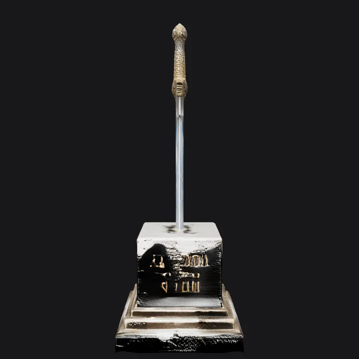 Magical sword in ancient pedestal. sharp edges, complex geometry, game-ready, symmetric geometry.
