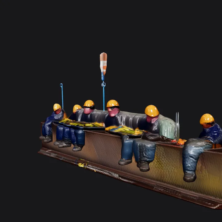 group of construction workers sitting on beam. complex geometry, character.