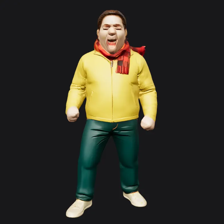 person wearing yellow jacket and dark pants. smooth edges, complex geometry, character.