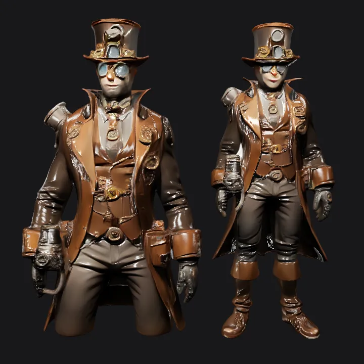 Steampunk-themed person in elaborate costume. complex geometry, sharp edges, game-ready, character.