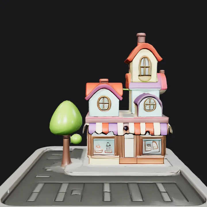 Cartoonish small town building block. smooth edges, complex geometry, game-ready.