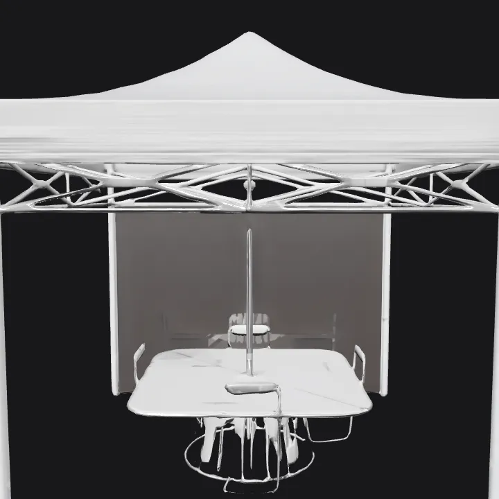 Outdoor canopy tent with table and chairs. sharp edges, smooth edges, simple geometry, symmetric geometry.