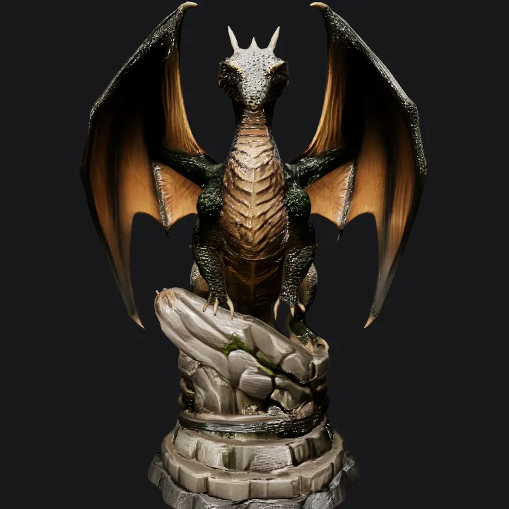 A dragon standing on rocks. sharp edges, complex geometry, game-ready, character.