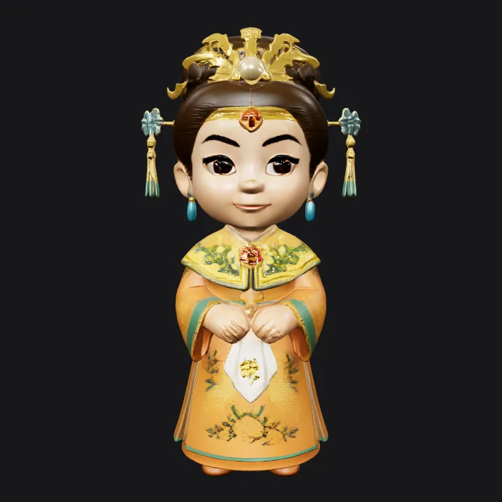 Cartoon character in traditional Chinese attire. smooth edges, complex geometry, game-ready, character, symmetric geometry.