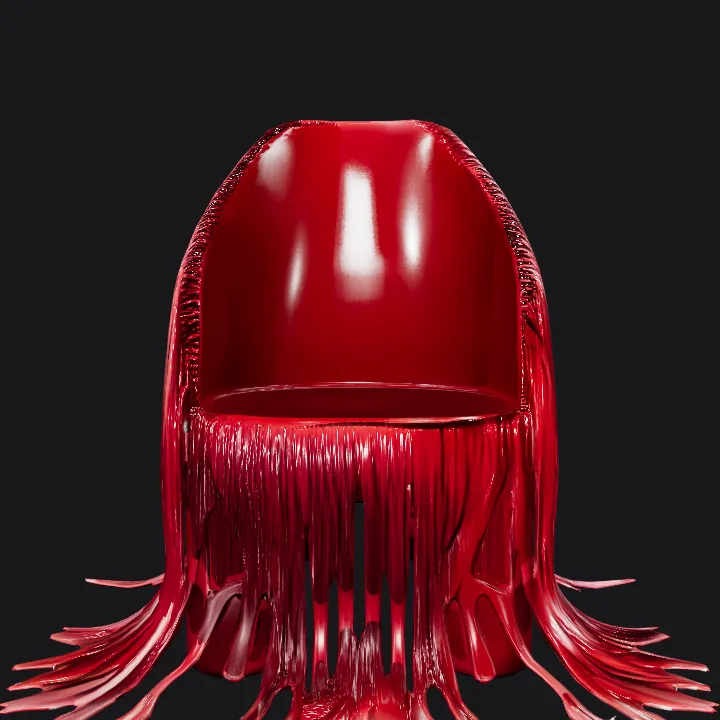 Modern red chair with fringe details. smooth edges, complex geometry.