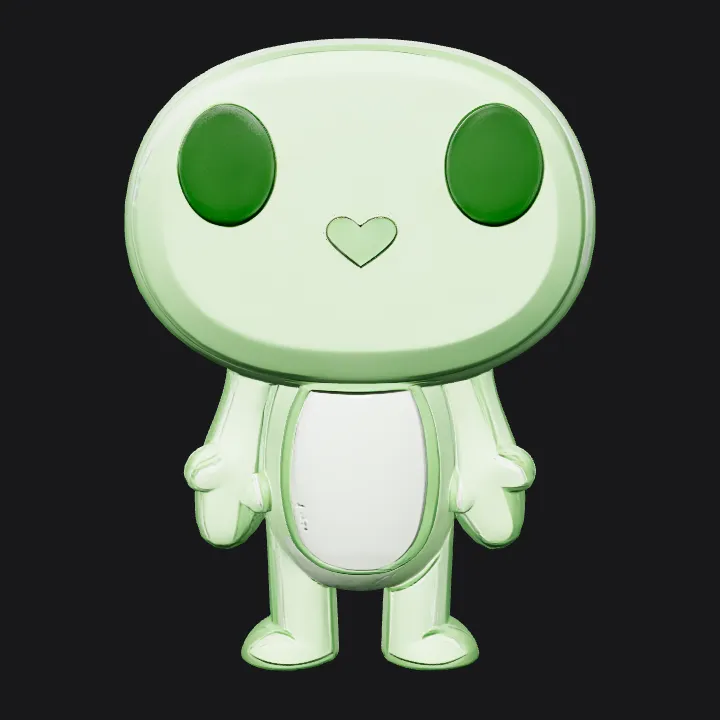 Cute green cartoon alien character. smooth edges, simple geometry, game-ready, character, symmetric geometry.