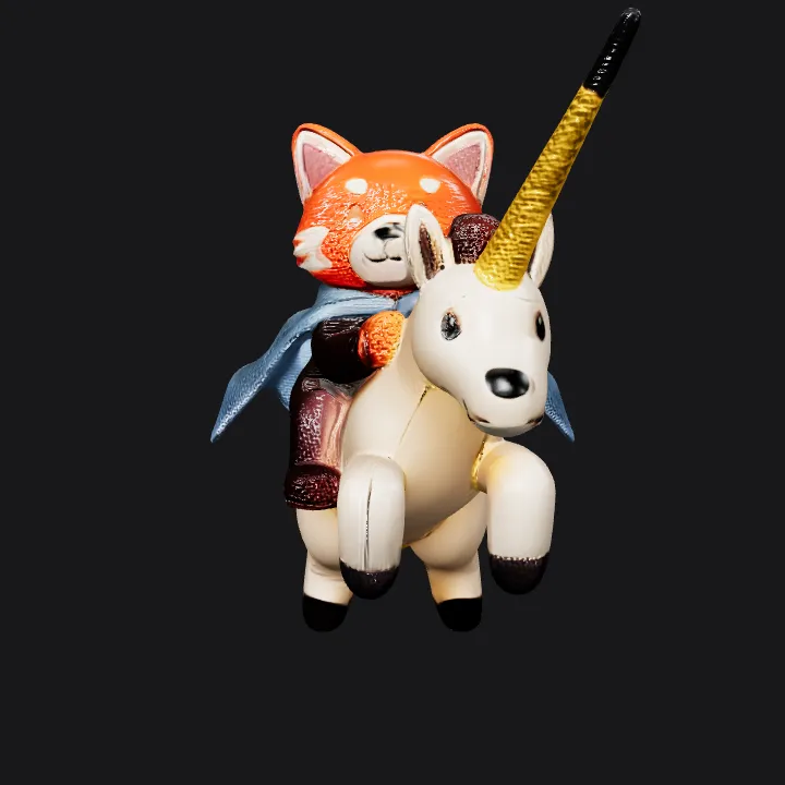 Red panda character riding a unicorn plush toy. smooth edges, complex geometry, game-ready, character.
