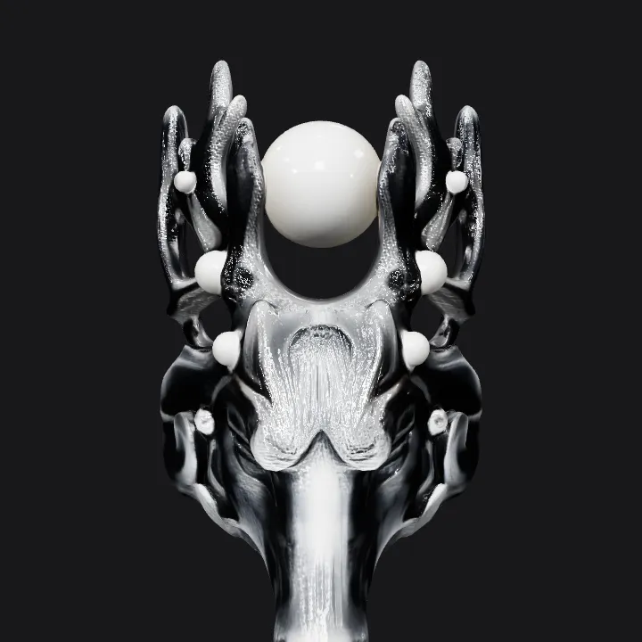 Deer head ring with pearl accents. complex geometry, smooth edges, sharp edges.