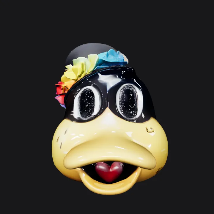Duck character head with hat and flowers. smooth edges, complex geometry, character.