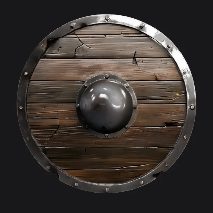 A round wooden Viking shield. smooth edges, simple geometry, game-ready, symmetric geometry.