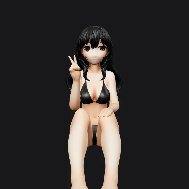 Seated woman in black bikini, side view. smooth edges, complex geometry, game-ready, character.