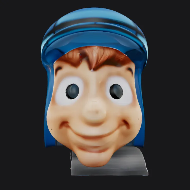 cartoon character with blue hat. smooth edges, simple geometry, character.