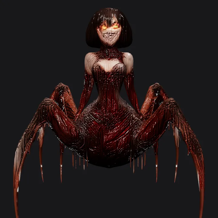 Human-spider hybrid monster. complex geometry, sharp edges, character.
