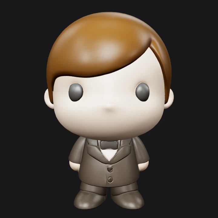 Cute chibi man in a tuxedo. smooth edges, simple geometry, game-ready, character, symmetric geometry.