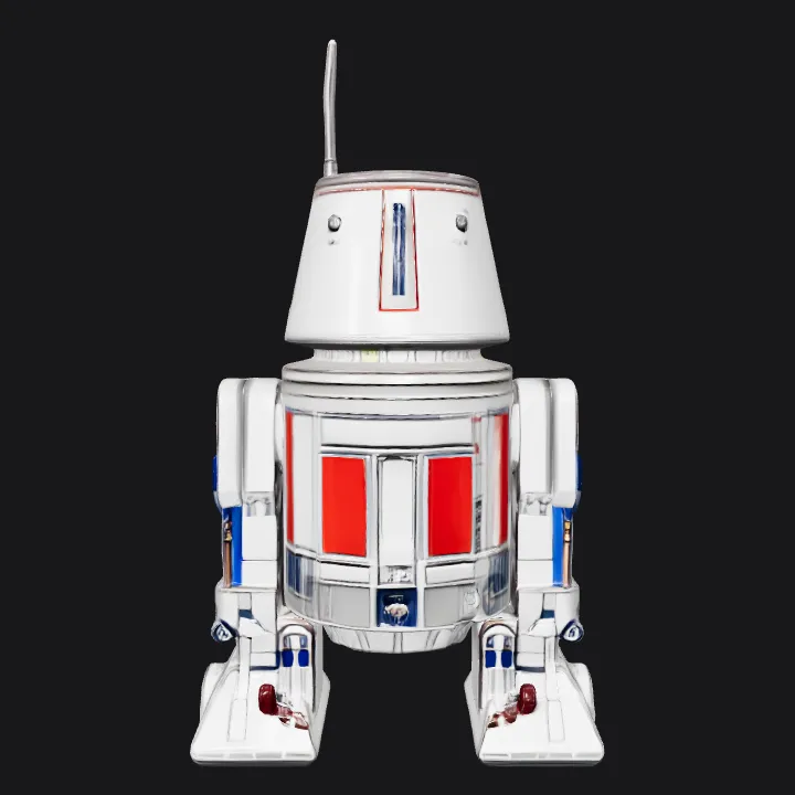 Astromech droid resembling Star Wars R5 series. sharp edges, complex geometry, game-ready, character, symmetric geometry.