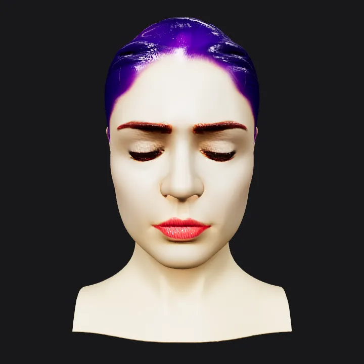 upper body of a person with purple hair. smooth edges, complex geometry, character, symmetric geometry.