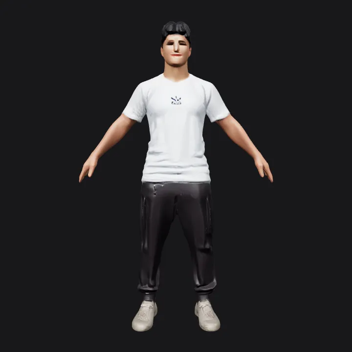 Standing person in casual attire. complex geometry, character.