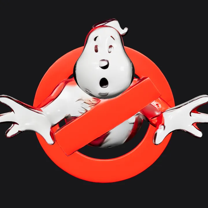 Ghostbusters logo with a cartoon ghost. smooth edges, simple geometry, game-ready, character, symmetric geometry.