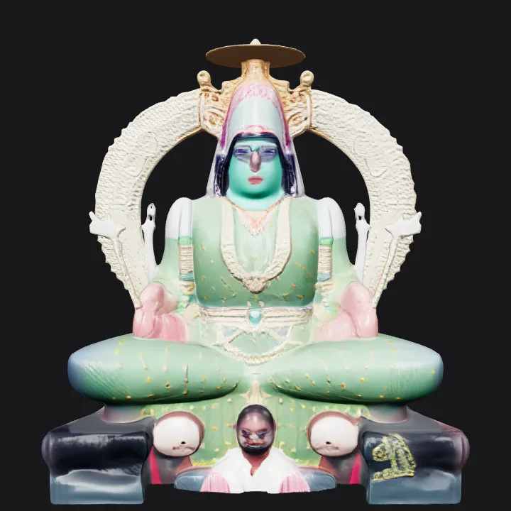 Large statue of a Hindu deity with elaborate details. complex geometry, smooth edges, character, symmetric geometry.