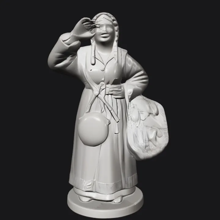 Woman in traditional dress holding a basket. complex geometry, character.