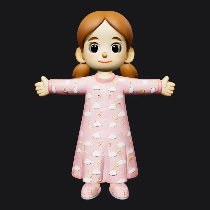 girl wearing a pink dress with clouds. smooth edges, simple geometry, character, symmetric geometry.