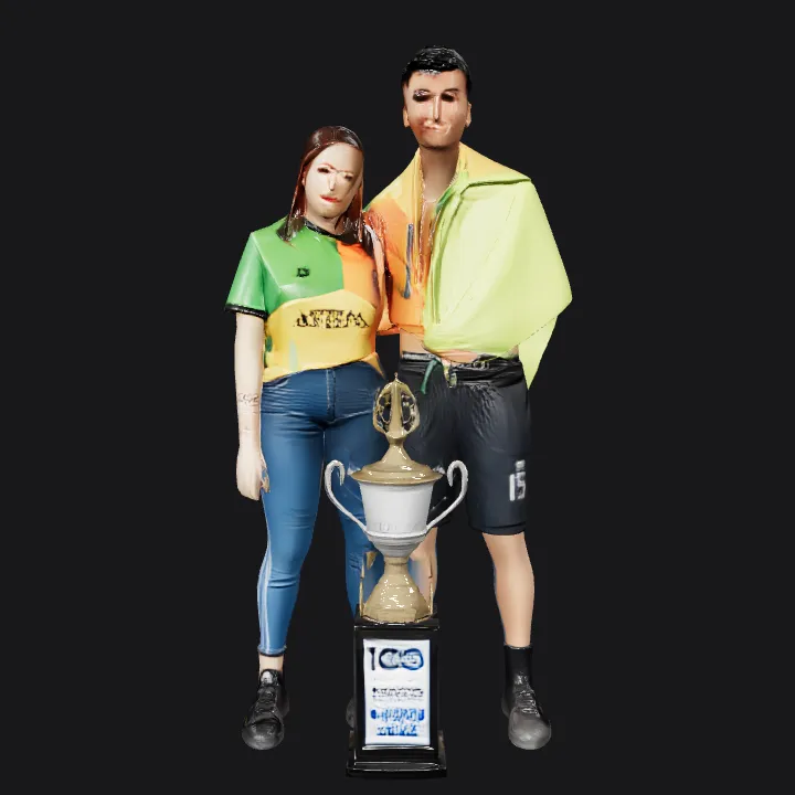 Two people posing with a trophy. complex geometry, smooth edges, character.