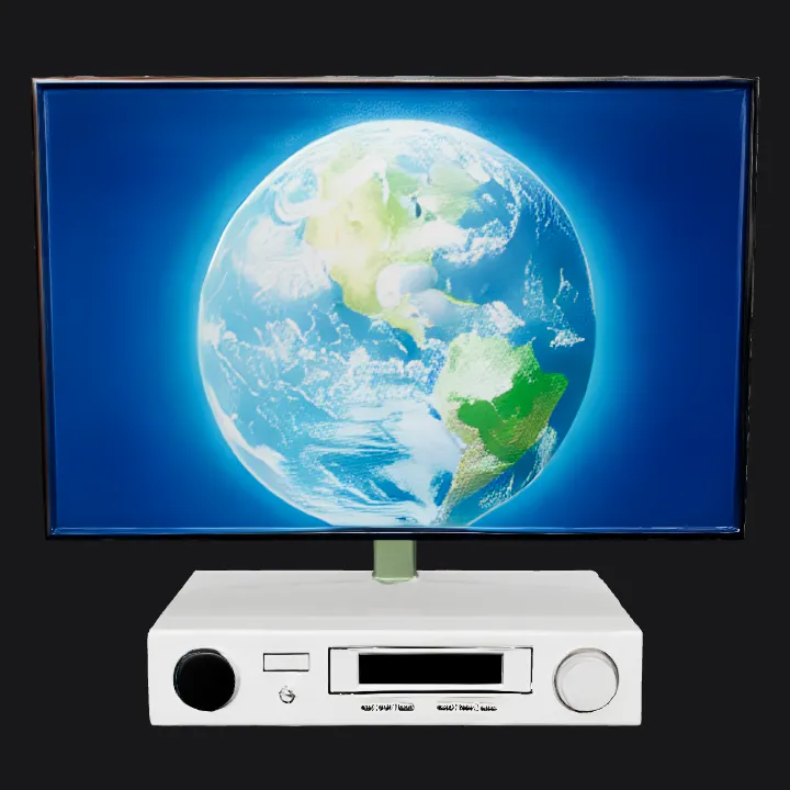 A TV showing Earth and an audio receiver. sharp edges, simple geometry, symmetric geometry.