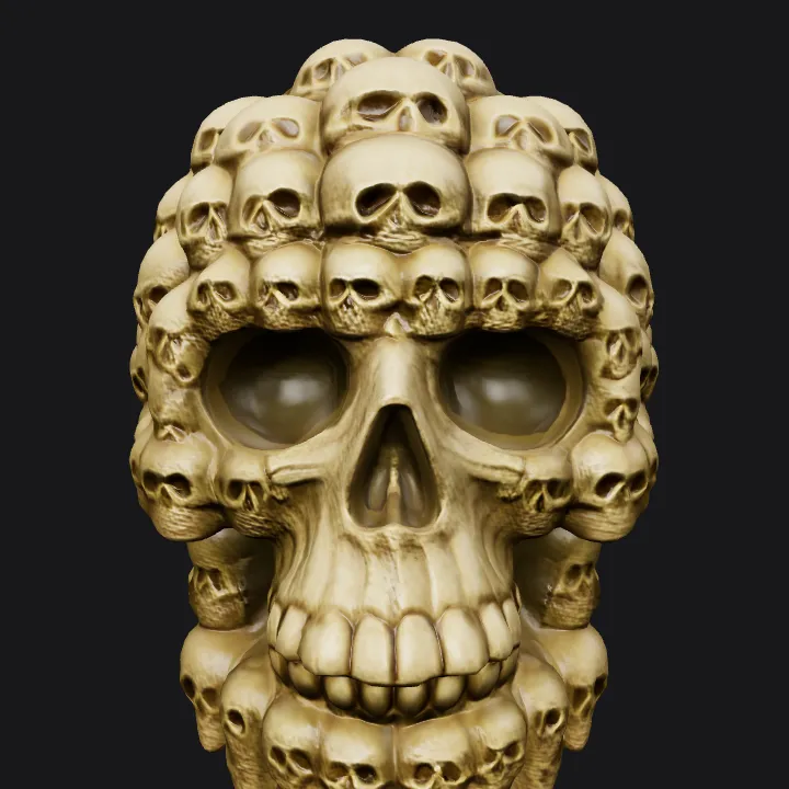 Skull made of smaller skulls. smooth edges, complex geometry, symmetric geometry.