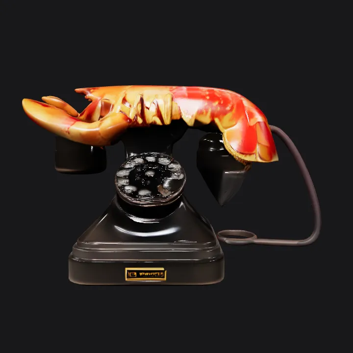 A lobster on a vintage black telephone. complex geometry, smooth edges.