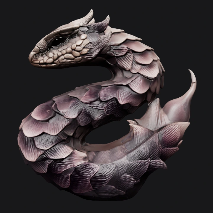 Fantasy dragon curled up, scale pattern. sharp edges, complex geometry, character.