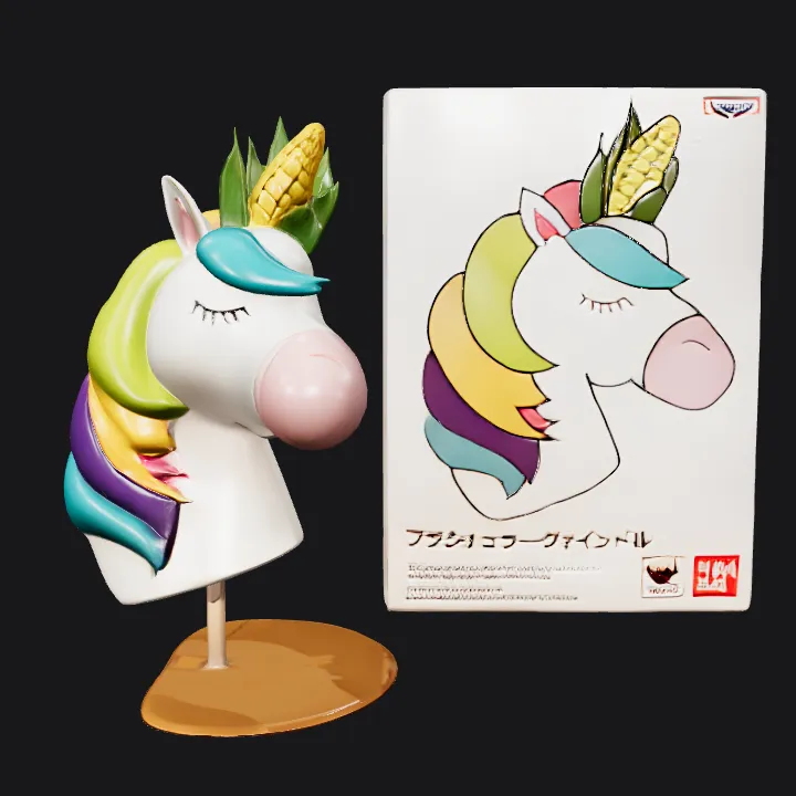 Colorful unicorn head figurine. smooth edges, complex geometry, game-ready, character, symmetric geometry.