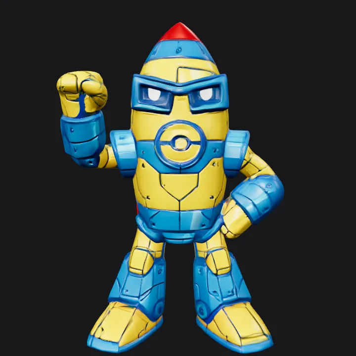 cartoon rocket robot with a humanoid pose. sharp edges, complex geometry, game-ready, character, symmetric geometry.