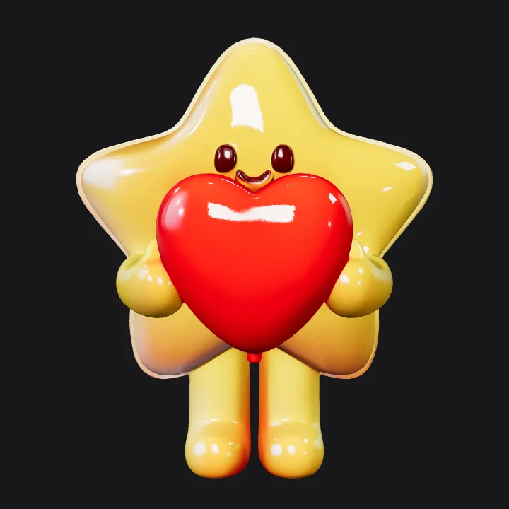 Cute star character holding a heart. smooth edges, simple geometry, character.