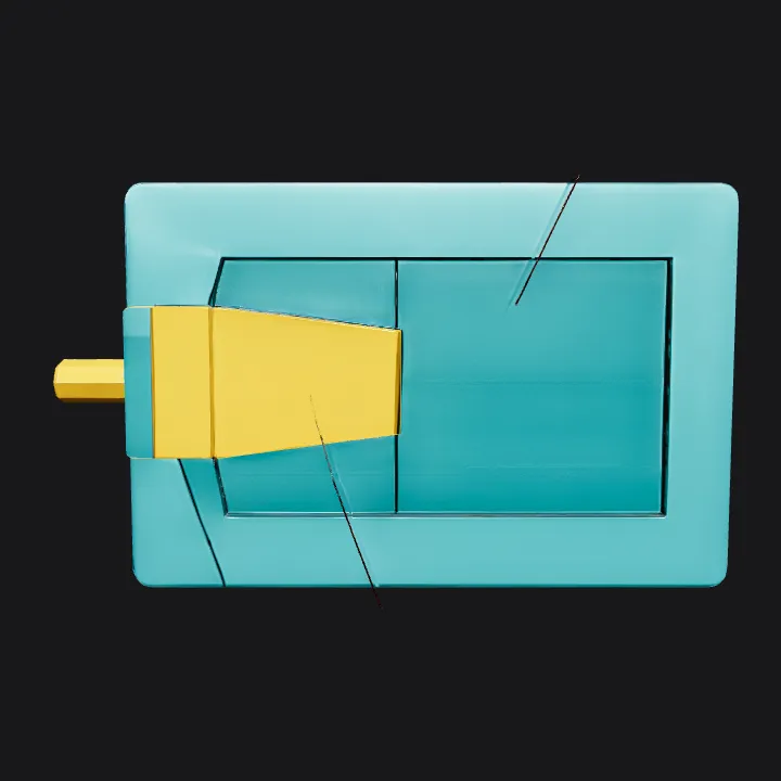 yellow nozzle on blue rectangular base. sharp edges, simple geometry, symmetric geometry.