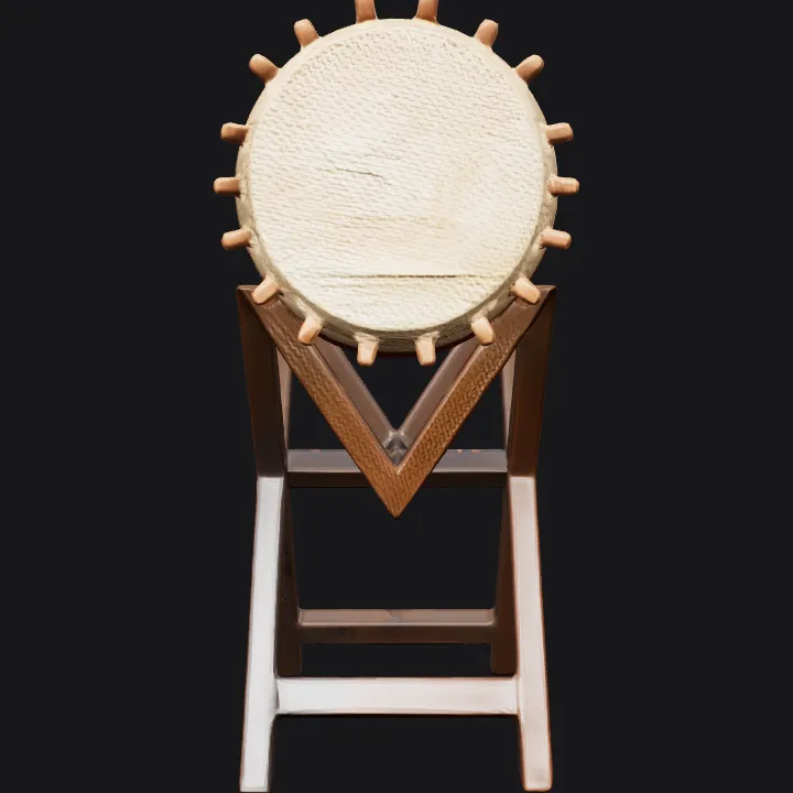Traditional wooden drum on a stand. sharp edges, smooth edges, simple geometry, symmetric geometry.