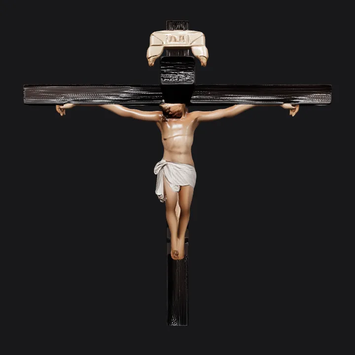 Crucified person sculpture on cross. complex geometry, character, symmetric geometry.