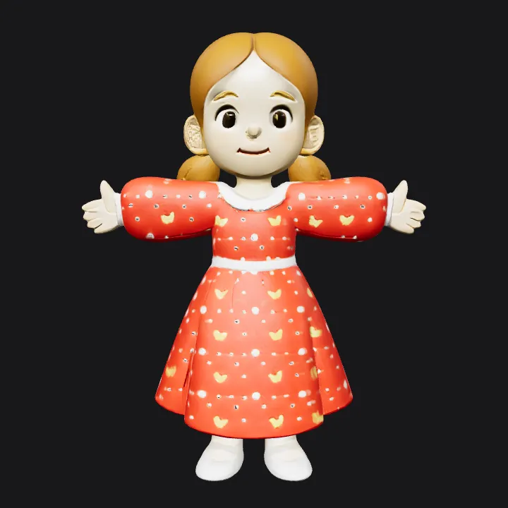 Girl wearing a red floral dress. smooth edges, simple geometry, character, symmetric geometry.