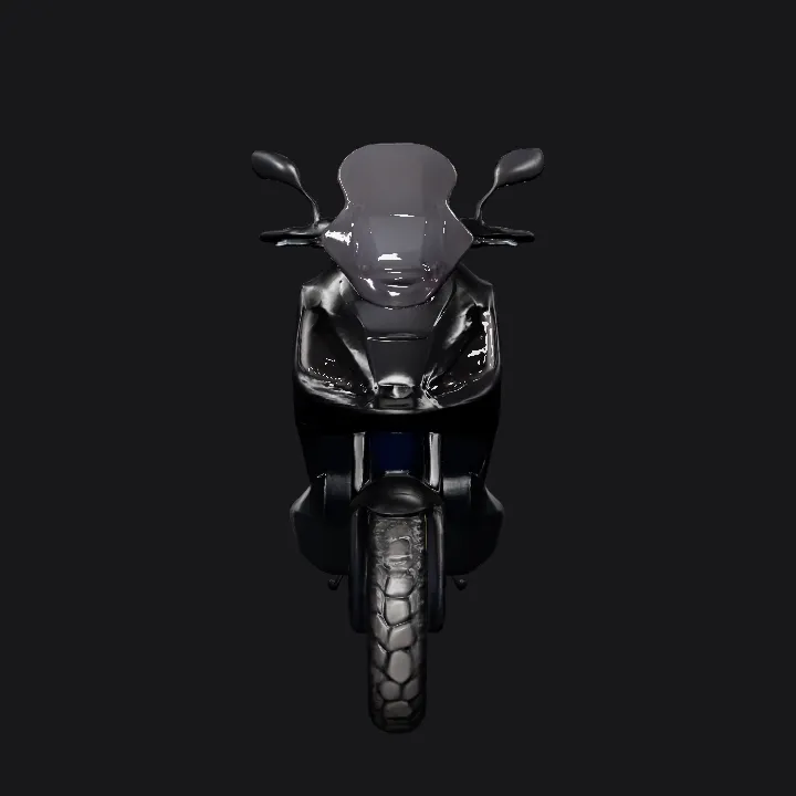Modern motorcycle front view. sharp edges, smooth edges, complex geometry, game-ready, symmetric geometry.