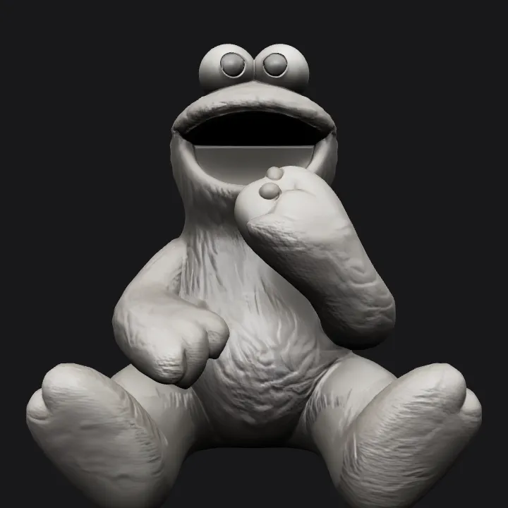 Cartoonish monster eating cookie. smooth edges, complex geometry, game-ready, character.