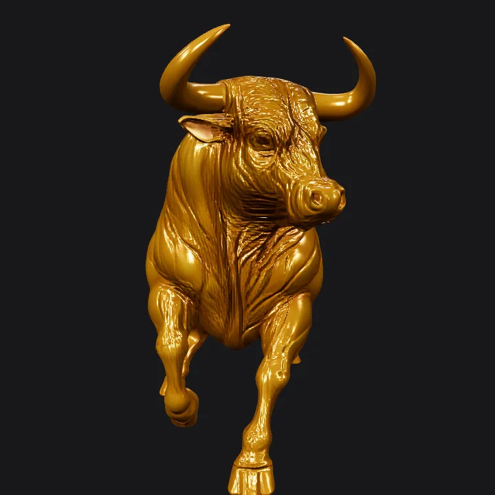 Golden bull statue charging forward. smooth edges, complex geometry, game-ready, character.