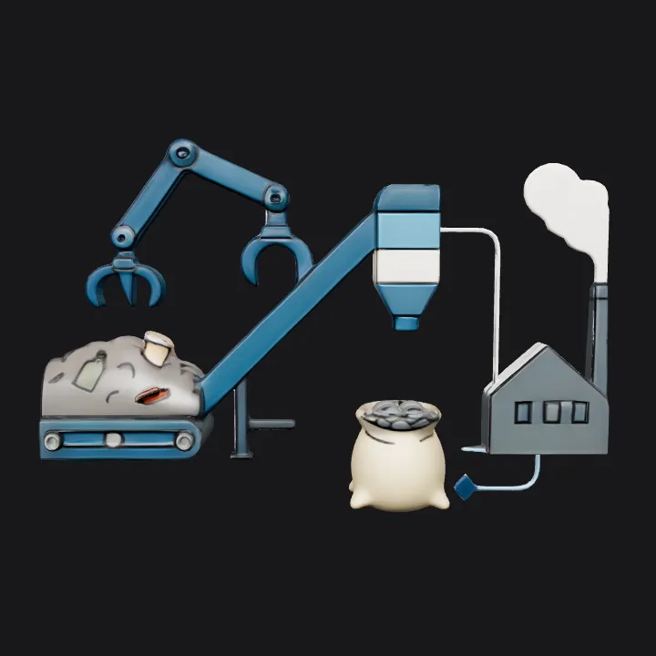 factory recycling waste into reusable material. simple geometry, sharp edges.