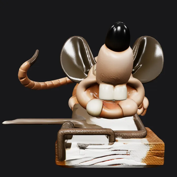 cartoon mouse caught in mousetrap. smooth edges, complex geometry, character.